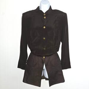Vintage 1980's Claude Montana Blazer Blouse Brown Silk Raw Silk Button Front  8